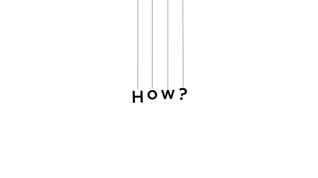 糸で吊り下げされた「How?」の文字。テキストアニメーション。