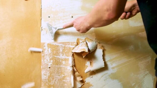 A person in a black shirt uses a long handled metal scraper to remove yellow wallpaper from a white wall. Static close up shot with bright even indoor lighting