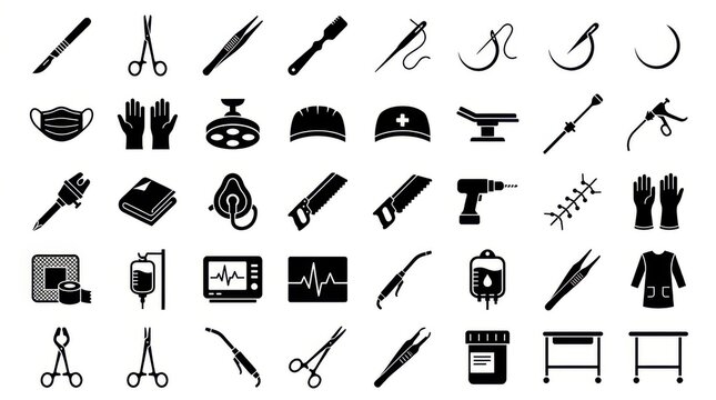 Black silhouette icons of surgical medical instruments and operating room equipment tools