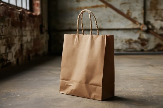 A simple brown paper shopping bag with twisted rope handles stands on a concrete floor in an industrial setting.