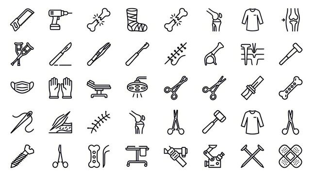 Medical orthopedic surgery and traumatology icon collection with orthopedic fracture instrument
