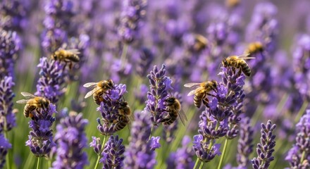 Fototapeta premium Bees Gathering Nectar from Lavender Flowers