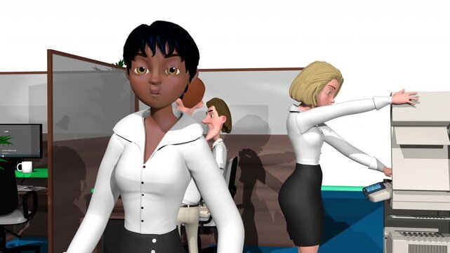 3d animation, one cartoon character speaking of her work face camera during one cartoon character using the photocopier and another cartoons characters speaking on office	