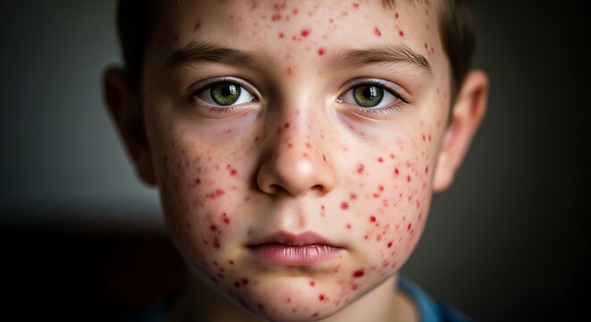 Close up of young boy's face covered in red spots child skin