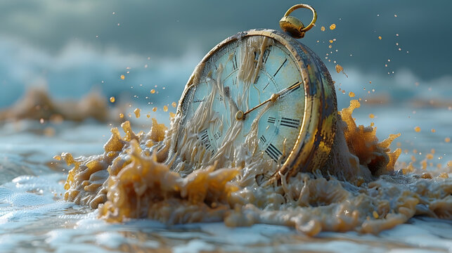 Creative Illustration Featuring Melting Clock Over Sand Surreal Concept Representing the Flow of Time