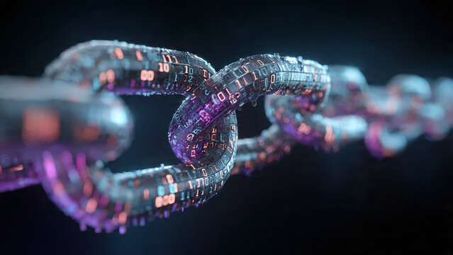 Digital Chain with Binary Code, Blockchain Technology and Data Security Concept
