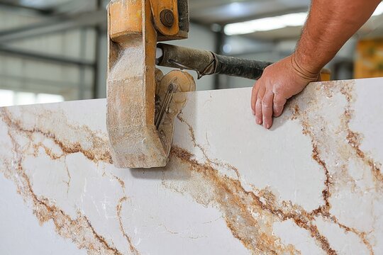 Close-up of a worker's hand guiding a slab of white quartz countertop with natural brown veining.