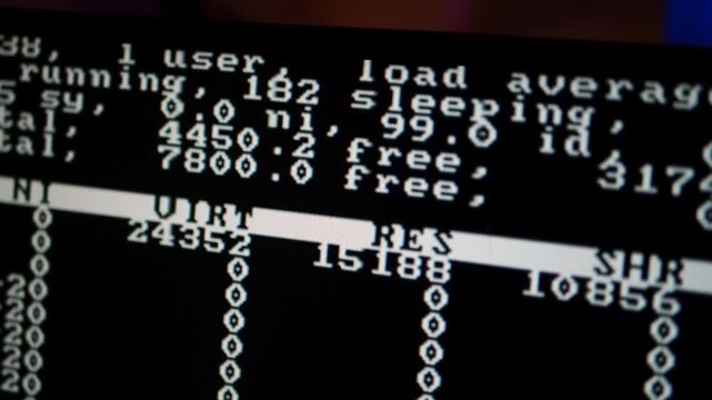 Close-up static shot of computer monitor displaying terminal command output. White text on black background shows real-time system metrics, cpu idle percentages, virtual and resident memory values