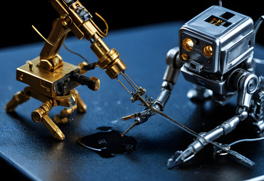 Golden micro robot performing delicate task on another robot
