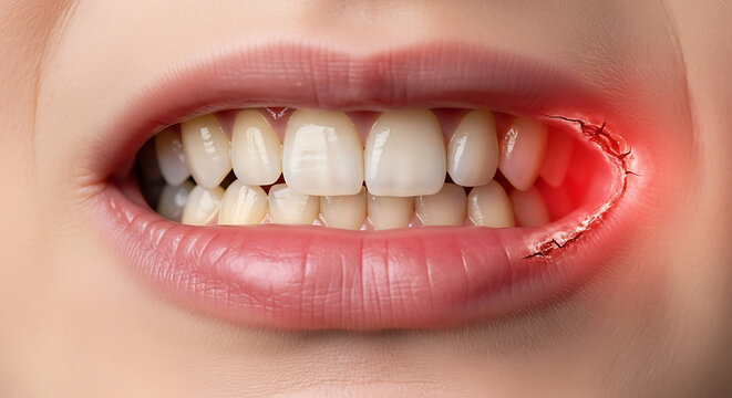 Close up of human mouth showing cracked lips and inflamed gums teeth