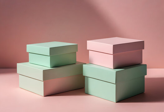 Pastel gift boxes stacking on pink background