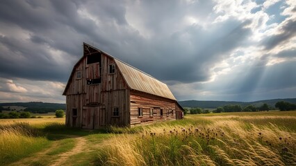 Obraz premium Old wooden barn in field of golden wheat in rural countryside scene