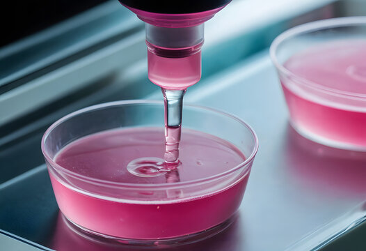 Bioprinter depositing bioink into petri dish for tissue engineering