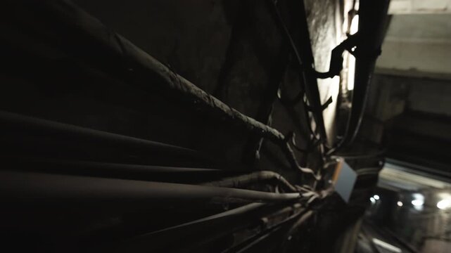 Dimly lit underground service tunnel wall lined with aging conduits, bundled wiring, and junctions, illuminated by fluorescent fixtures in a gritty industrial passageway