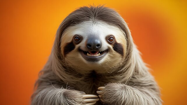 A close-up photograph captures a smiling two-toed sloth with folded arms.