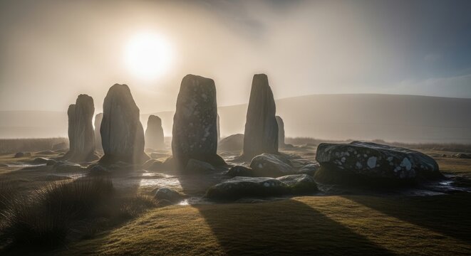 Ancient Standing Stones in Autumn Fog at Sunrise