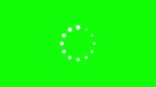 Circular loading spinner a glowing composed of small white dots moving in a cycle, indicating process on vivid green circle dots progress wait buffering