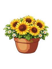 Obraz premium Sunflowers in Clay Pot Cartoon Illustration