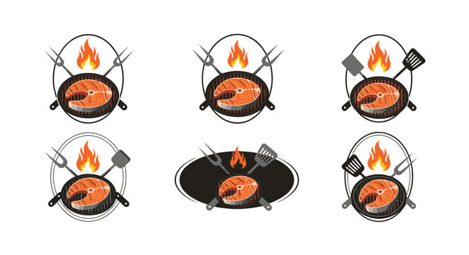 Set of salmon steak grilling emblems featuring fire flames, crossed forks, and spatulas in various decorative frames for bbq events.