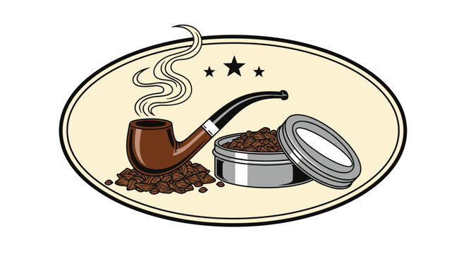 Vintage smoking pipe and tobacco tin emblem with rising smoke swirls and stars inside an oval frame for a traditional cigar club.
