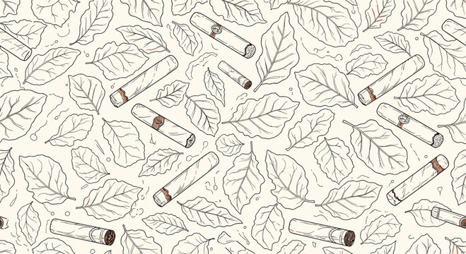Seamless pattern design with hand drawn tobacco leaves and cigars in a vintage sketch style for gift wrapping or wallpaper.