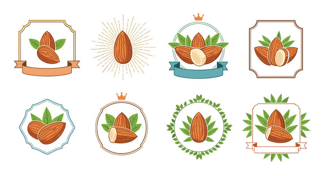Set of decorative almond logos and badges featuring whole nuts and green leaves enclosed in various classical frames and wreaths.