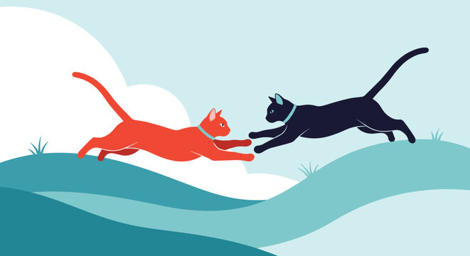 Artistic illustration of a vibrant orange cat and a sleek black cat running towards each other over rolling green hills under a bright sky.
