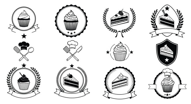 Collection of elegant black and white bakery badges and logos featuring cupcakes, cakes, chef hats, and kitchen utensils in classical frames.