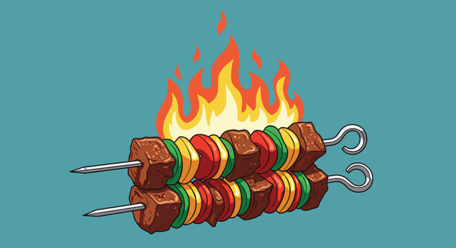 Pixel art illustration of two delicious meat and vegetable skewers grilling over a bright orange flame on a blue background.