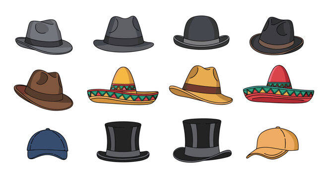 Set of different types of hats including fedoras bowler hat top hats baseball caps and mexican sombreros in pixel art style.