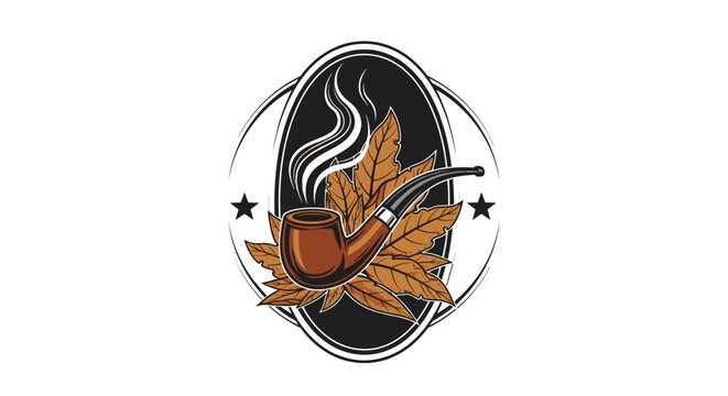 Vintage tobacco logo design featuring a smoking wooden pipe surrounded by dried tobacco leaves in an oval frame with stars.