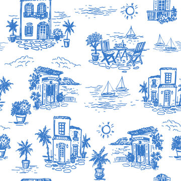 Summer holiday, vacation, sketch, sea, seamless pattern, vector illustration, southern houses, palm trees, beach, yachts