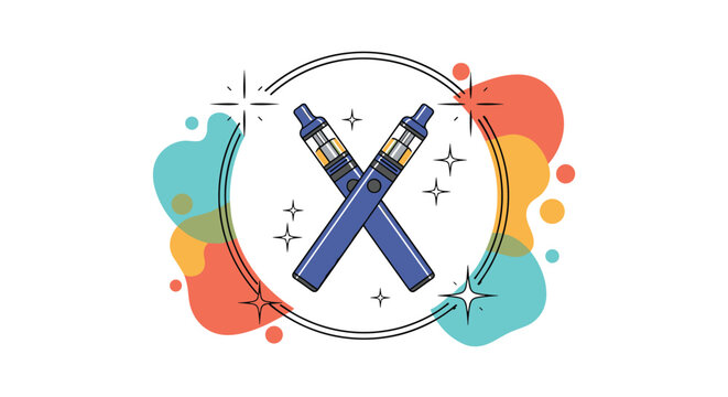 Two crossed blue electronic cigarettes or vapes depicted within a circular frame against a background of colorful abstract shapes.