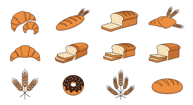 Assorted bakery and bread illustrations featuring croissants, loaves, sliced bread, a chocolate donut, and stalks of golden wheat.
