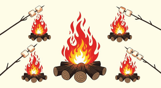 Illustration of sweet marshmallows being roasted on wooden sticks over multiple campfires with bright orange flames and logs.