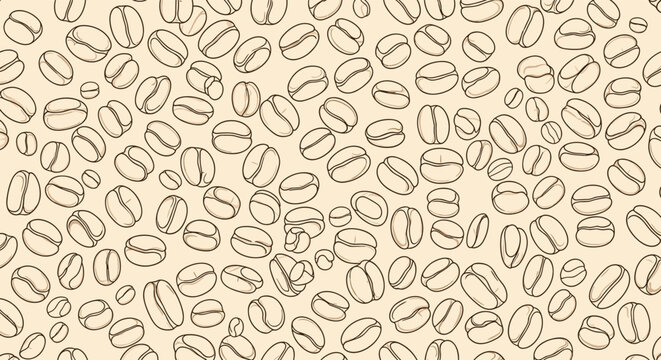 Seamless pattern of hand-drawn coffee beans in a vintage sketch style, creating a dense and repetitive texture for cafe decor.