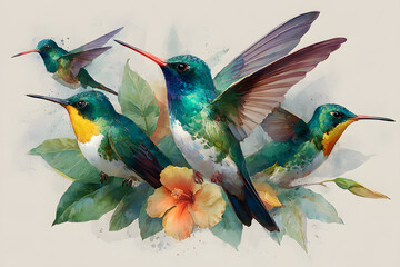 Obraz premium Hummingbirds watercolor clipart set tropical birds flying green blue yellow orange illustration for wall art, invitations fabric