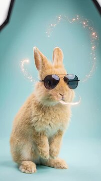 Cinematic fantasy close-up of a stylish white rabbit wearing glossy sunglasses, starting exactly from the provided upright reference pose against a soft glowing beige background as the camera