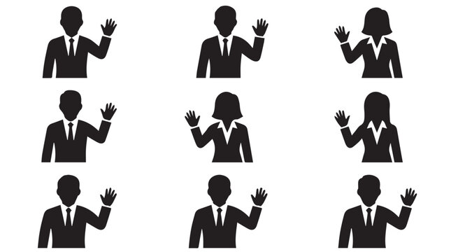 Black silhouettes of business people waving.