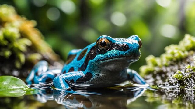 Blue poison dart frog sitting on moss in jungle