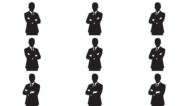 Silhouettes of businessmen in suits standing.