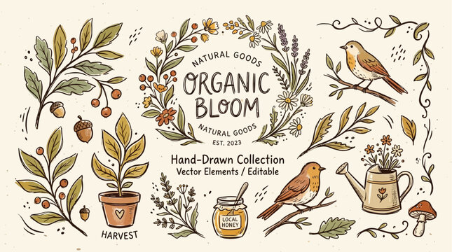 Organic Bloom Hand-Drawn Vector Collection Nature-Inspired Elements for Harvest and Lifestyle Designs