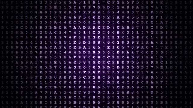 A digital screen displays a mesmerizing array of letters and symbols in a futuristic coding environment with a spotlight effect