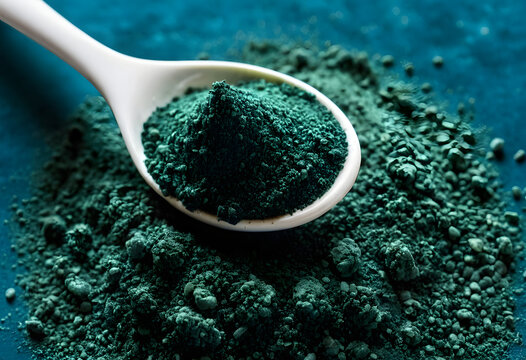 Spirulina powder on spoon for healthy nutrition concept