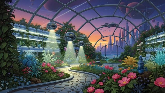 Futuristic Greenhouse Oasis with Blooming Flowers and Flying Drones Under a Sci-Fi Cityscape Sky