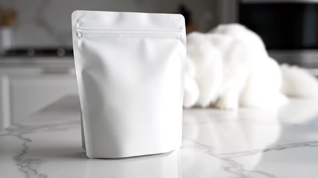 Eye level close up of blank white stand-up pouch mockup with copy space on a kitchen counter, with a blurred cat in the background.