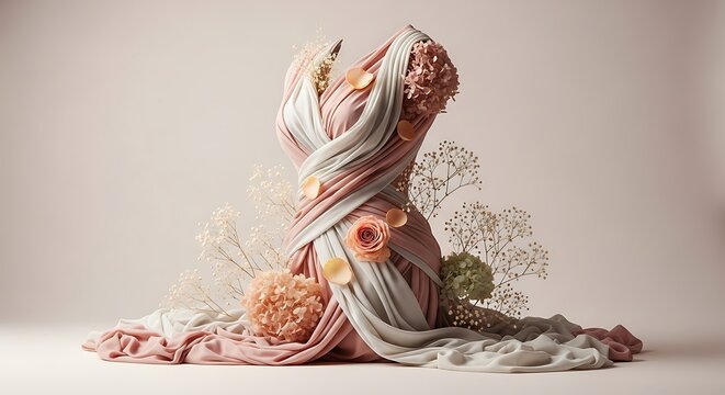 Elegant female dress form draped with luxurious pink and white fabrics decorated with delicate natural flowers for fashion design and wedding concept.