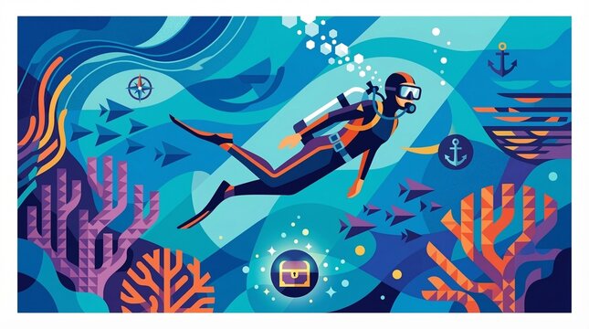 Scuba diver explores the deep blue ocean while swimming past vibrant coral reefs and a glowing treasure chest.