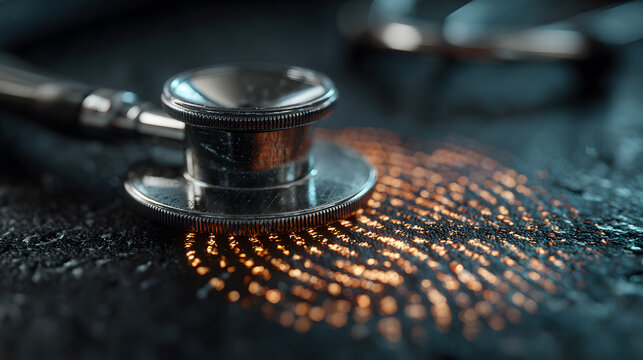 Digital health and identity: A stethoscope rests on a glowing fingerprint pattern. Conceptual image for personalized medicine, data privacy, and biometric security.