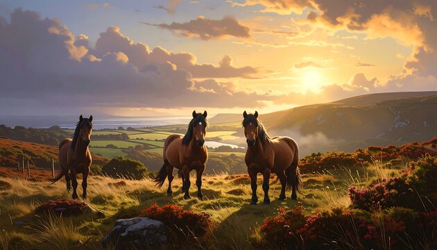 Three brown horses stand in a field, looking towards the viewer, with a scenic view of rolling hills and a sunset